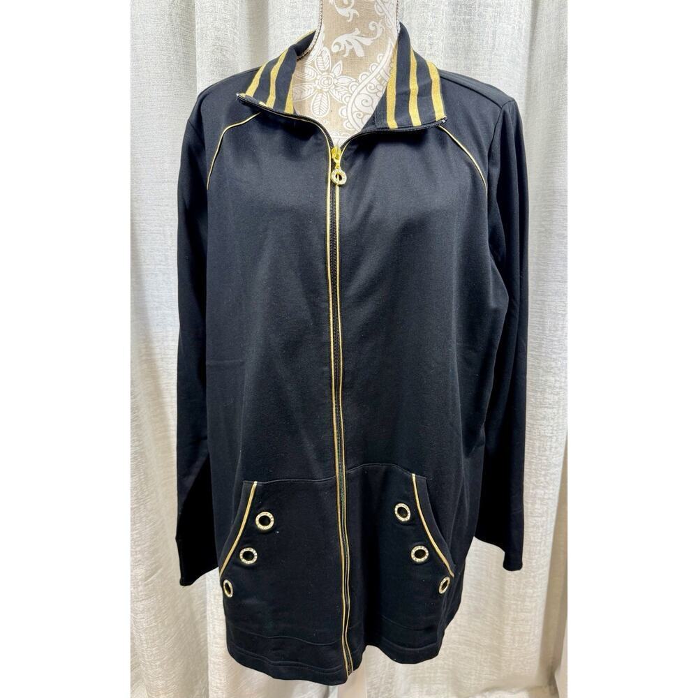 Quacker Factory Black & Gold Zip Up Jacket 2X Sporty Casual Lounge Jacket - Picture 2 of 9